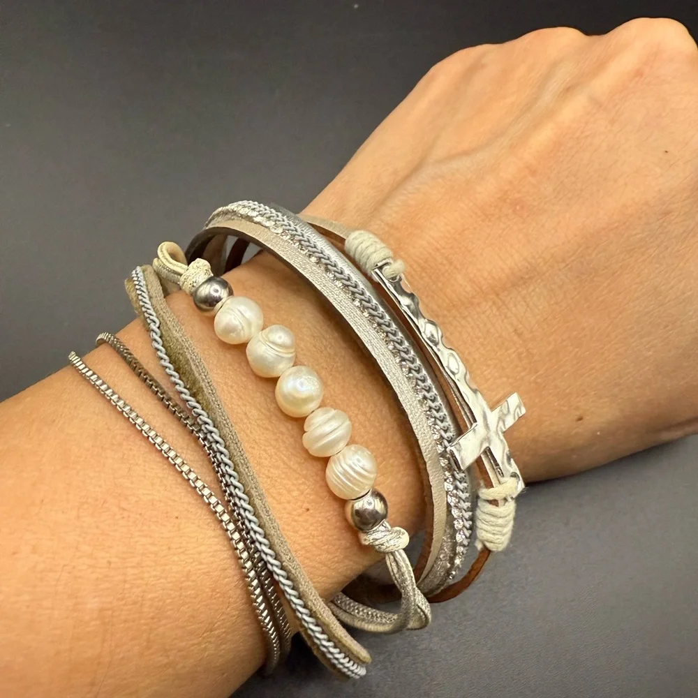 Contemporary Silver Tone and White Multi-Layer Bracelet Religious Cross